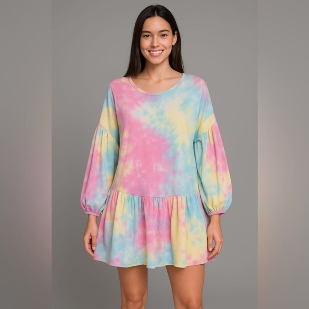 KARLIE Women's Tie Dye Pastel Balloon Sleeve Ruffle Mini Dress Tunic LARGE